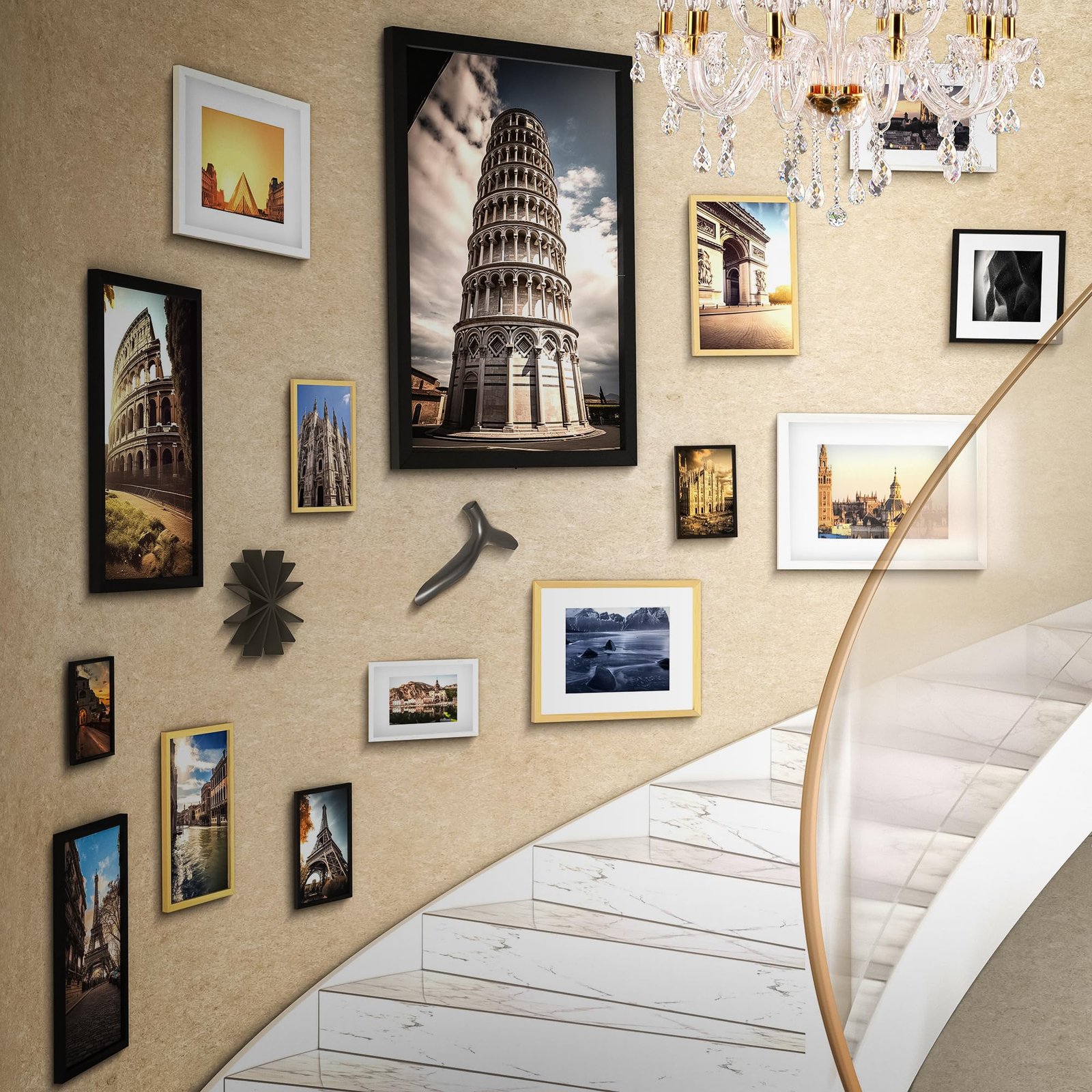 Framed photographs arranged on a wall at home